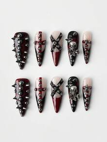 Set Manikur Rivet Gaya Punk 10 Bagian + 3 Bagian Pita Perekat Dua Sisi, Manikur Buatan Tangan Berkualitas Tinggi Gaya Y2K dengan Kontras Hitam dan Merah, Kuku Panjang Berbentuk Almond dengan Elemen Bintang Tengkorak Logam Retro, Cocok untuk Semua Musim, Cocok untuk Sehari-hari, Pesta, dan Acara Dansa. - Hitam dan Merah 2 - View 3