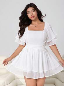 Solflare Plus Size Women Solid Color Square Neck Ruffle Short Sleeve Casual Jumpsuit - White - View 7