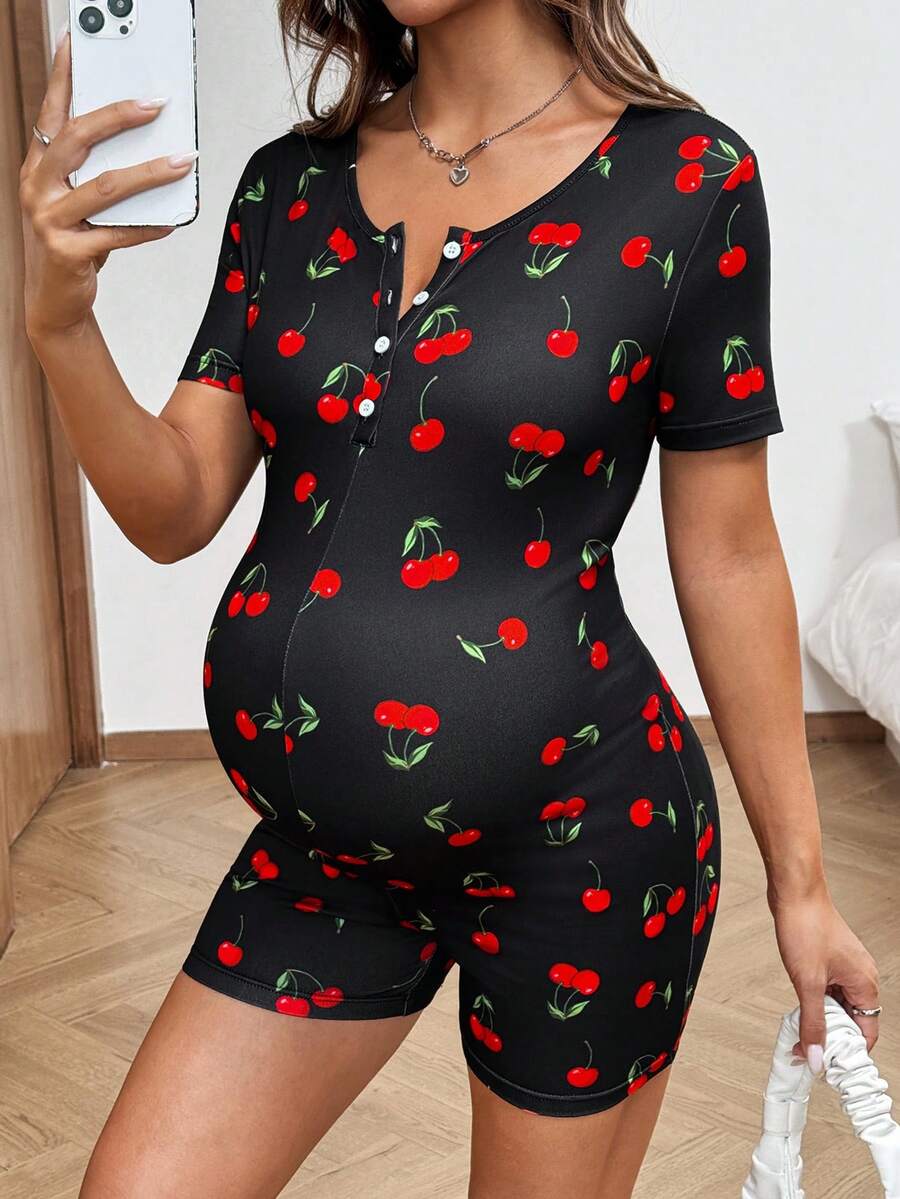 SHEIN Gravida kvinnor Casual körsbärsmönstrad Romper, Sommar - Svart - Visa 1