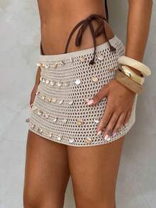 Aloruh Women's Beige Knitted Skirt, New Arrival Spring/Summer Beach Vacation - Khaki - View 5