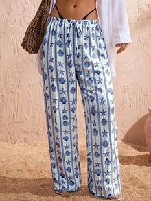 Swim Vcay 女士沙滩度假条纹贝壳和海星印花罩衫上衣和裤子套装 - 藍色 - 查看 4