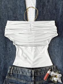 SHEIN Teen Girl Versatile Solid White Fitted Crop Top, Summer Casual Wear, High Neck Off-Shoulder Design, Elegant For Festivals, Countryside, Beach Vacation, Afternoon Tea And Other Occasions, Dignified Style, Suitable As Dancewear Or Cute Top - White - View 2