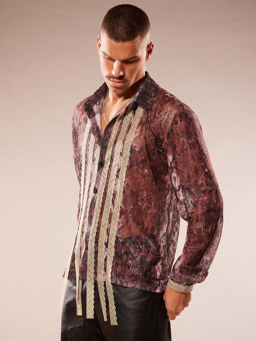 FeverCity Men's Snake Skin Pattern Contrast Lace Long Sleeve Shirt - Multicolor - View 1