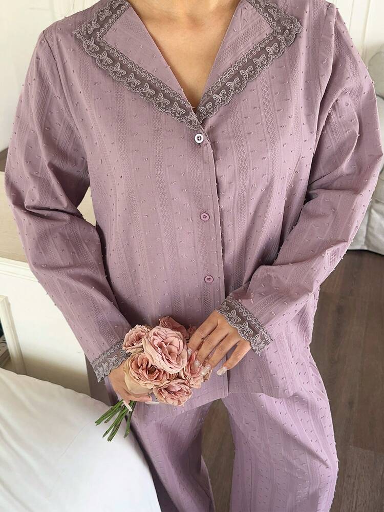 Dazy Plus Casual Textured Fabric Contrast Lace Elegant Long Sleeve Top And Loose Straight Leg Pajama Pants Set, Spring/Autumn