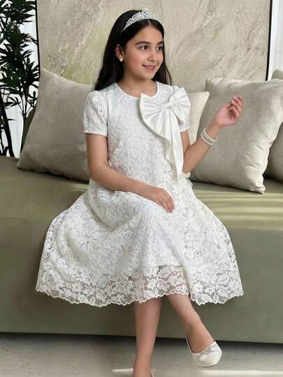 SHEIN Tween Girl Elegant Round Neck Short Sleeve Lace Fabric Bow Decor Dress