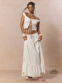 MUSERA Ruched Rounded Tie Detail Top With Low Waist Tie Detail Tiered Flowy Maxi Skirt Cute Spring Holiday Girly Sugar Salt - White - View 1