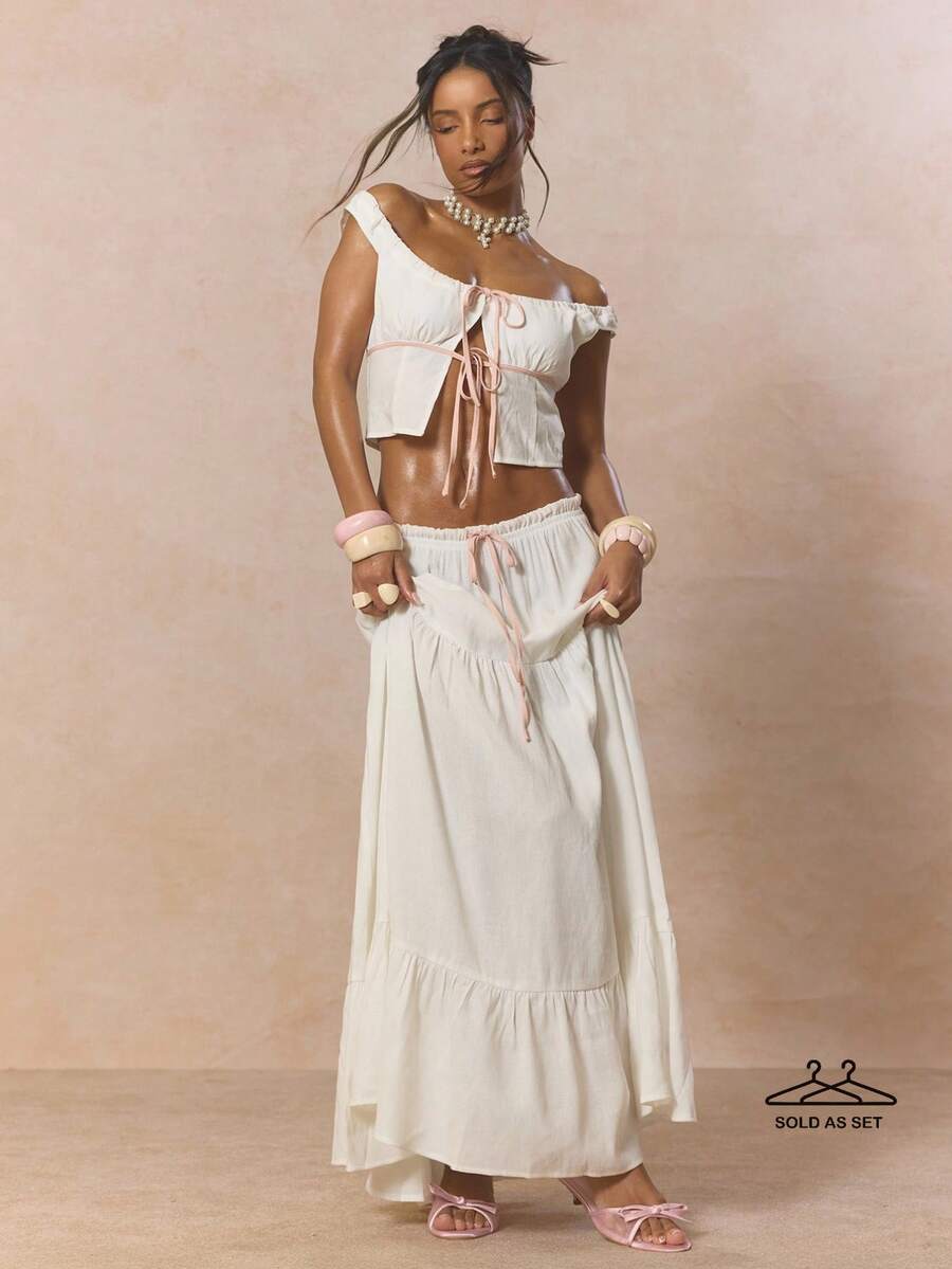MUSERA Ruched Rounded Tie Detail Top With Low Waist Tie Detail Tiered Flowy Maxi Skirt Cute Spring Holiday Girly Sugar Salt - White - View 1