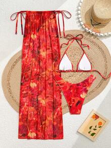 Swim Vcay Nuevo conjunto de 3 piezas de verano para mujer con estampado de tinta de bloqueo de color tie-dye, que incluye falda midi ajustada y bikini de baño para vacaciones románticas en la playa - Multicolor - Ver 3