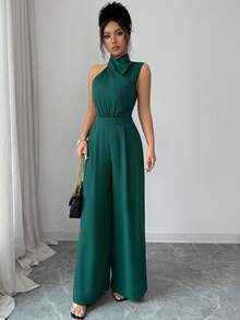 SHEIN PETITE Women's Casual Fashionable Unique Sleeveless Off-Shoulder Cinched Waist Satin Turtleneck Wide Leg Jumpsuit - Green - View 4