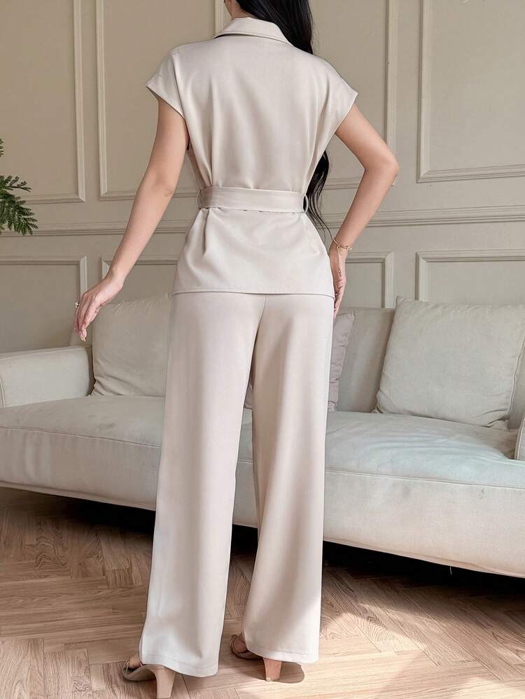 Women's Casual Solid Color Belted Shirt And Wide Leg Pants 2 Pieces Set, Spring/Summer