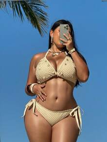 Swim SXY مجموعة بيكيني من قطعتين مقاس كبير، بيكيني مزين بالأصداف، مناسب للصيف والعطلات الشاطئية - لون مشمشي - مشاهدة 4