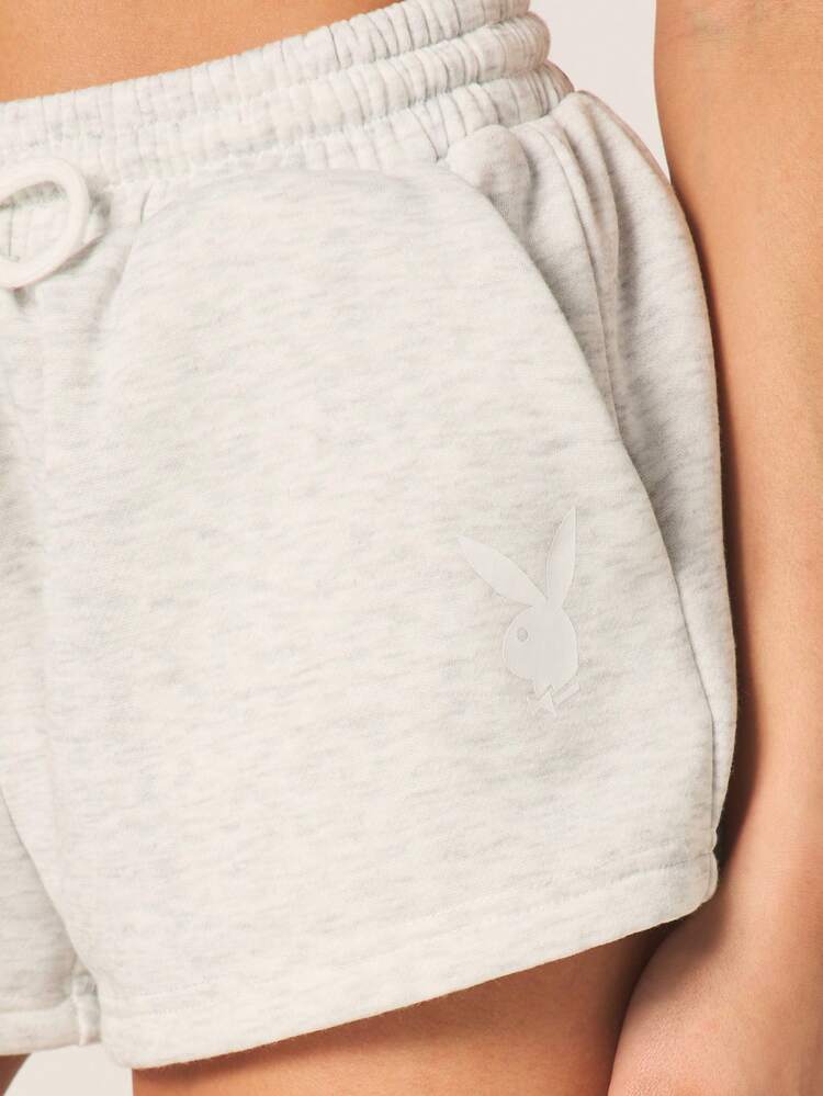 Missguided x Playboy Women's Vintage Style Applique Number Jogger Shorts With Drawstring Waist Casual Summer Athletic Shorts Light Grey , Fourth Of July