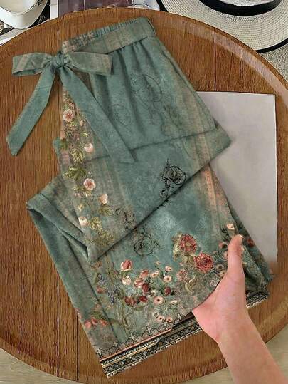 SHEIN LUNE 花卉绿色图案复古腰带长裤，适合女性夏季度假、派对、秋季、婚礼、毕业旅行、送给妈妈的礼物，波西米亚风格