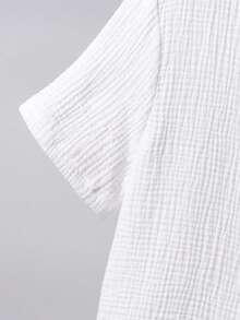 SHEIN 两件套男童纯色圆领短袖开衫和松紧腰短裤套装，适合通勤、上学、休闲外出、运动、春夏穿着。 - 白色 - 查看 9