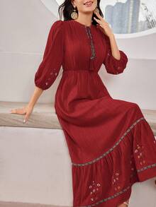 Mulvari Women's Embroidered Round Neck Lantern Sleeve Elegant Dress - Burgundy - View 7