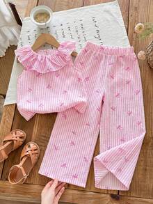 SHEIN LMoss Kids 2pcs Young Girl Chiffon Ditsy Floral Ruffle Hem Top And Loose Pants Set - Multicolor - View 1