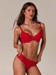 SHEIN BAE 2 件情人节蕾丝钢圈文胸和内裤套装女士内衣 - 紅色 - 查看 6