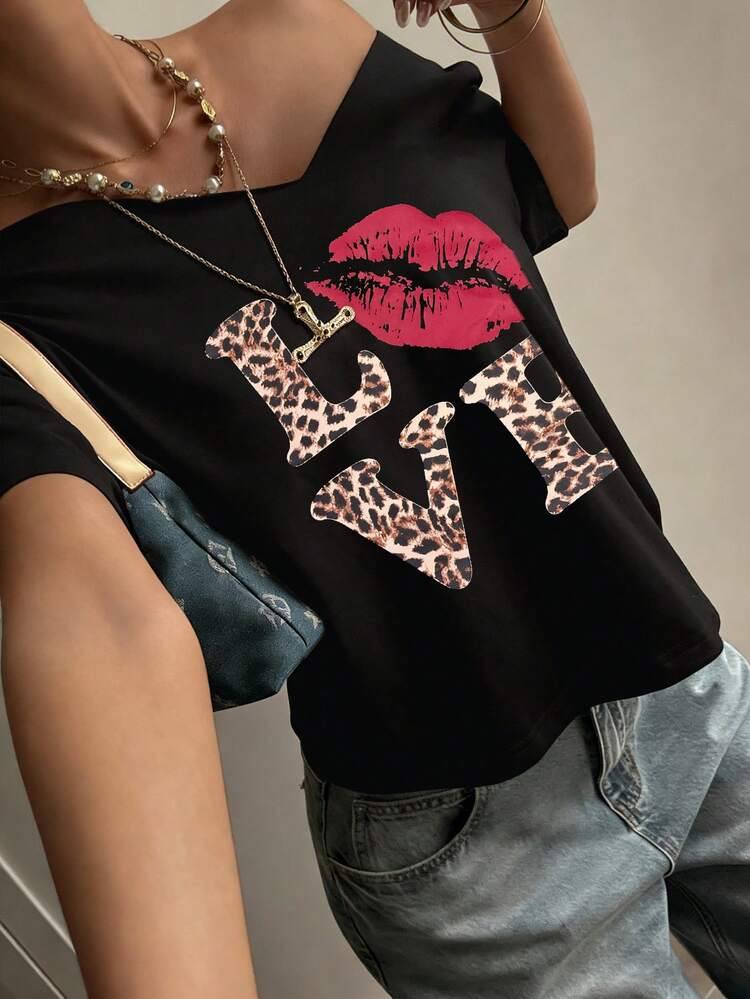 Loose Casual Leopard Print T-Shirt, Suitable For Spring, Summer, Valentine's Day, Beach, Resort Wear Graphic Tees Women