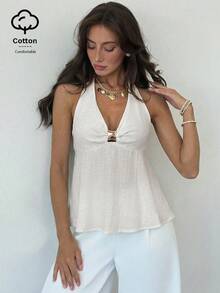 Aloruh Women's Linen Metal Decor Waist A-Line Shirt, Spring/Summer,Summer Top - White - View 7