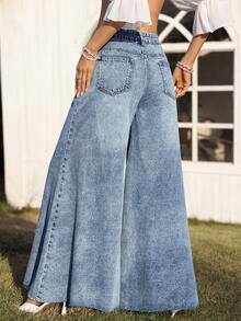 Breezaya Quần jeans ống rộng nữ có túi và cúc, kiểu dáng thường ngày, đa năng. - Màu xanh lam - Xem 2