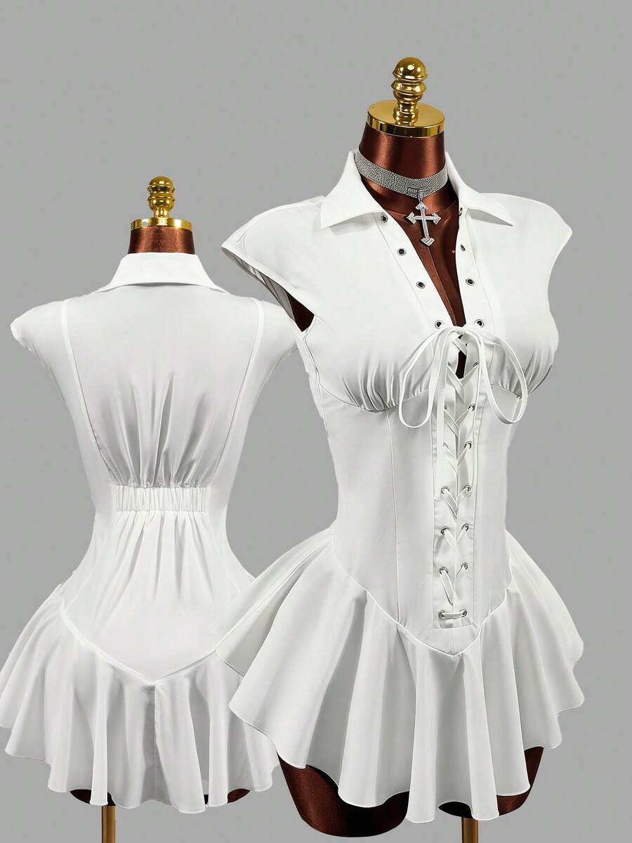 Mistrie Robe courte pour femmes de couleur unie avec manches courtes et cordon de serrage - Blanc - Voir 1