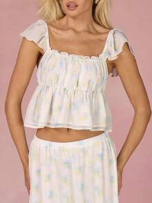 Athîral Women's White And Blue Floral 2-Piece Set,Summer Boho Vacation Holiday Cute Short Sleeve Top And Long Skirt,Floral Print Beach Outfit - Yellow - View 4