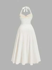 SHEIN MOD 大码女式提花面料露背吊带连衣裙 - 杏色 - 查看 8