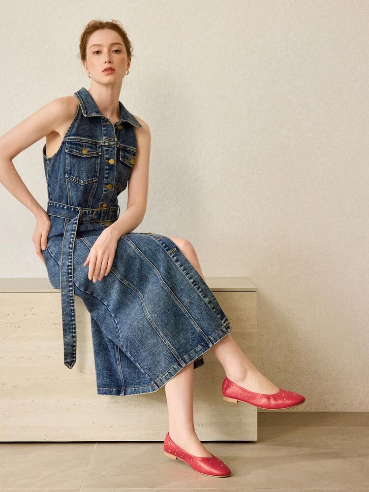 WOMEN SHOES FRENCH RETRO HIGH-QUALITY PU LEATHER RIVET PLEATED ROUND TOE FLAT-SOLED SHOES, RED VERSATILE ELEGANT SLIP-ON LIGHT NON-SLIP SIMPLE FASHION DOUDOU SHOES SPRING SHOES
