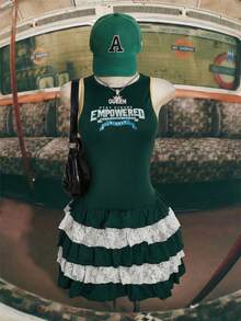 SHEIN ICON Đầm thể thao bóng đá màu xanh lá cây phối ren, cỡ lớn. - Nhiều màu - Xem 3