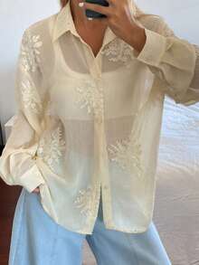 DAZY 植物印花串珠刺绣落肩袖女式衬衫 - 杏色 - 查看 7