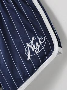 Casuvi Kids Quần short dáng rộng, cạp chun, họa tiết chữ cái và kẻ sọc dành cho bé gái tuổi teen. - Màu xanh hải quân - Xem 3