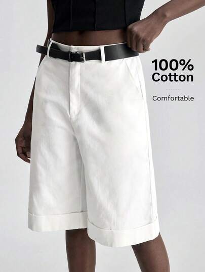 Ontre 水洗面料女士米色舒适柔软高端直筒裤，带侧袋，含时尚黑色腰带，适合商务、休闲、办公、都市通勤、高档机场装扮、简约奢华邮轮造型，四季皆宜的百搭短裤