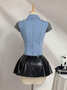 Elamini Y2K 时尚休闲性感翻领纽扣牛仔背心 - 中等水洗藍 - 查看 2