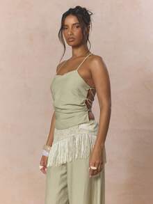 MUSERA Top de lino con cuello recto, drapeado, espalda abierta y lazo. Top coordinado solo, lindo para primavera, vacaciones, estilo femenino, azúcar y sal, verano - verde menta - Ver 3