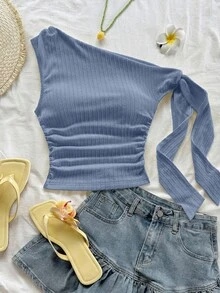 Soleia 度假风性感不对称系带吊带飘逸修身浅黄色上衣，适合派对、度假、音乐节、波西米亚风、假日约会、下午茶等场合。 - 霧霾藍 - 查看 3