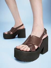 Sugerpunk Women's Casual And Stylish Wedge Platform Sandals, Perfect For Spring And Summer, Featuring A Punk-Inspired Design, A Simple Square Toe, Soft Leather, Crisscross Pattern, Open Toe, Comfortable For Holidays, Nightclubs, Parties, And Everyday Wear. Summer Shoes - Coffee Brown - View 5