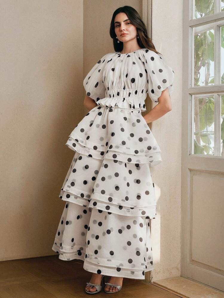 Anewsta Nuevo conjunto de 2 piezas de primavera/verano con top corto de manga abullonada y estampado de lunares en blanco y negro + falda de línea A con volante de cintura alta para mujer - Blanco y Negro - Añade 7