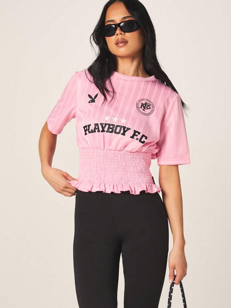 Missguided x Playboy Shirred Fitted Waist Crop Football Jersey T-Shirt With Varsity Number Print And Ruffle Hem