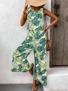 EMERY ROSE 波西米亚风复古印花圆领露脐上衣和阔腿裤，女士夏季沙滩度假两件套 - 彩色 - 查看 5