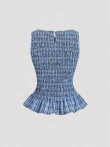 Sweetra Women's New Year, Summer , Halloween Costume, Christmas, Thanksgiving, New Arrivals, Spring/Summer/Autumn/Winter, Suitable For Party, Commute, Daily, Travel, Vacation, Summer Top, Elegant Party Blouse, Women Beach, Plaid Top, Cute Sweet Vacation, Waist Ruched Fitted Sleeveless Round Neck Ruffle Hem Top - Blue - View 2