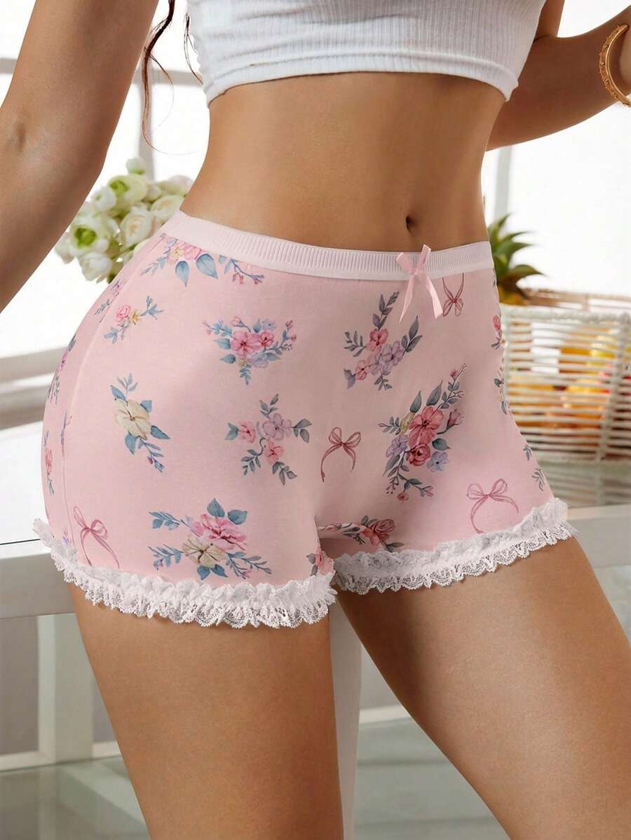 SHEIN 1 chiếc quần lót nữ kiểu quần đùi ngắn có nơ hoa dễ thương. - Hồng - Xem 1