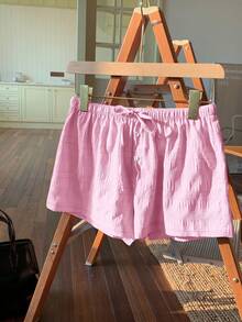 Comfortcana Pantalones cortos casuales sueltos con textura y cordones en color rosa claro para mujer - Rosa Pálido - Ver 5