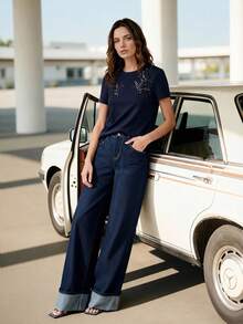 Anewsta Áo thun ngắn tay nữ thanh lịch, thêu sequin, cổ tròn, kiểu dáng ôm sát, thích hợp mặc đi làm. - Màu xanh hải quân - Xem 3