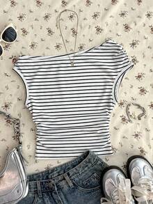 SHEIN EZwear Áo croptop nữ kiểu dáng thường ngày kẻ sọc, bất đối xứng, xếp ly, thích hợp cho mùa hè và kỳ nghỉ. - Nhiều màu - Xem 2