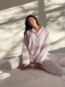 Aloruh Women's Striped Long Sleeve Top And Wide Leg Pants Casual Outfit - Khaki - View 3