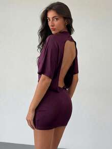 Aloruh Purple Elegant Knit Backless Mini Dress, Loose Top & Tight Bottom For Women - Purple - View 9