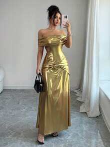 Rafferiza Women's Elegant Off-The-Shoulder, Fitted Waist, Coated Waist With Ruching And Metal Buckle Embellishments, Bodycon Fashion Dress. Other Styles Include Elegant Women's Dresses, Elegant Gowns, Luxurious Dresses, Yellow Dresses, Summer Dresses, Women's Summer Dresses, Spring Dresses, Women's Summer Outfits, Party Outfits, Elegant Women's Party Dresses, Off-The-Shoulder Dresses, Metallic Dresses, Elegant Long Dresses, And Shimmering Dresses.Turkish Abaya, Arab Long Robe Fall Summer For Women - Champagne - View 5