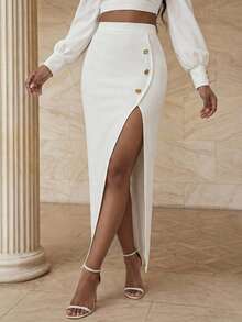 Anewsta Women's Floral Button Design Split Hem Elegant Skirt - White - View 1