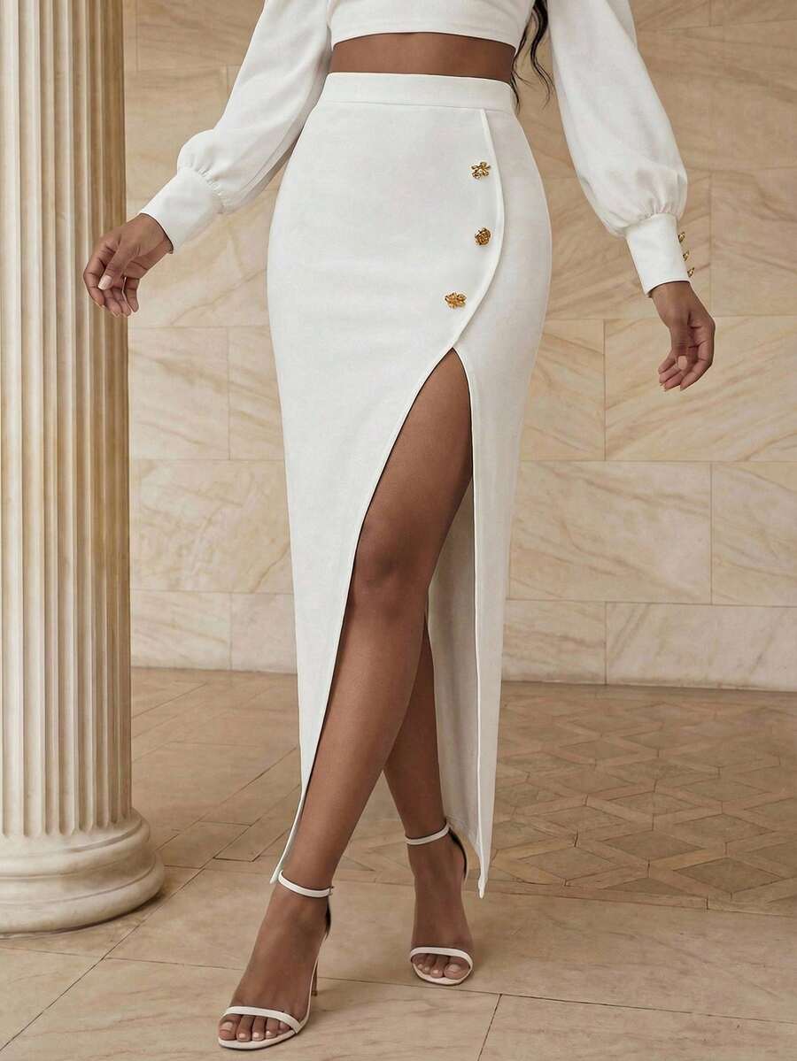 Anewsta Women's Floral Button Design Split Hem Elegant Skirt - White - View 1