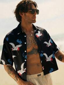 HIMLAND Men's Fashionable Printed Short Sleeve Shirt, Spring/Summer - Black - View 8